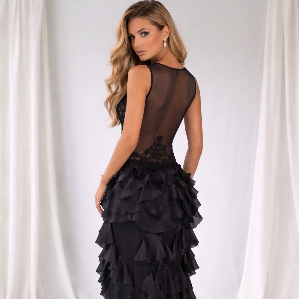 Floral Sheer Sleeveless Lace Satin Petals Gown Size S